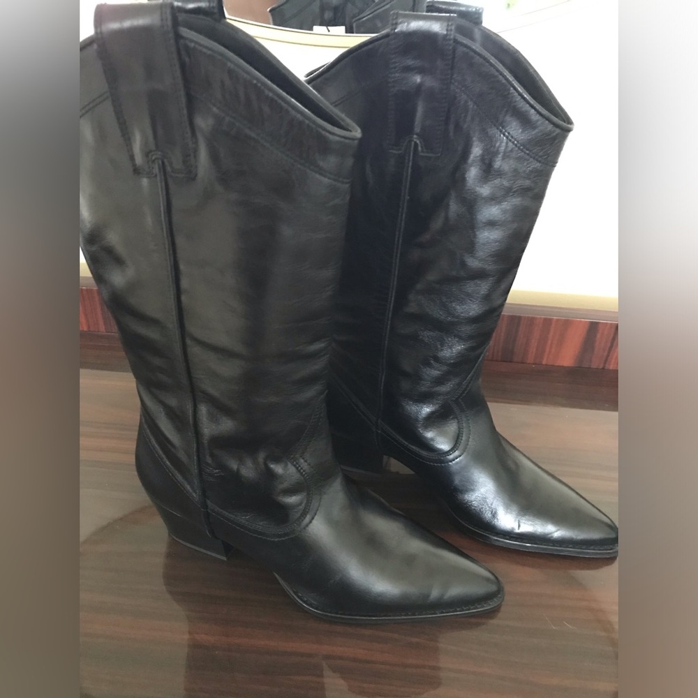 Zara Black Leather Cowboy Boots